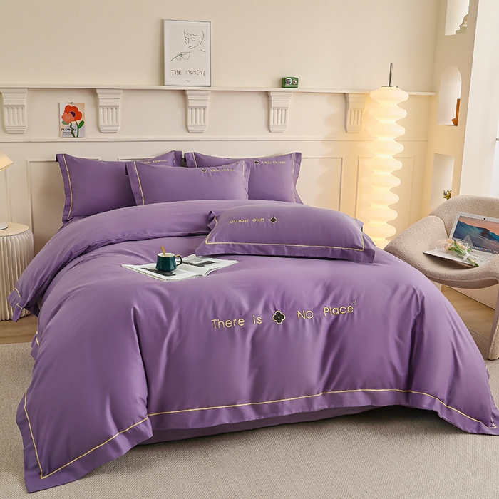 91家纺网 家纺一手货源 找家纺 宇彬家纺 2025直播热新款13374全棉母婴级压线一字绣宽边被套纯色刺绣四件套贡缎新疆长绒字母轻奢 暖系列-典雅紫