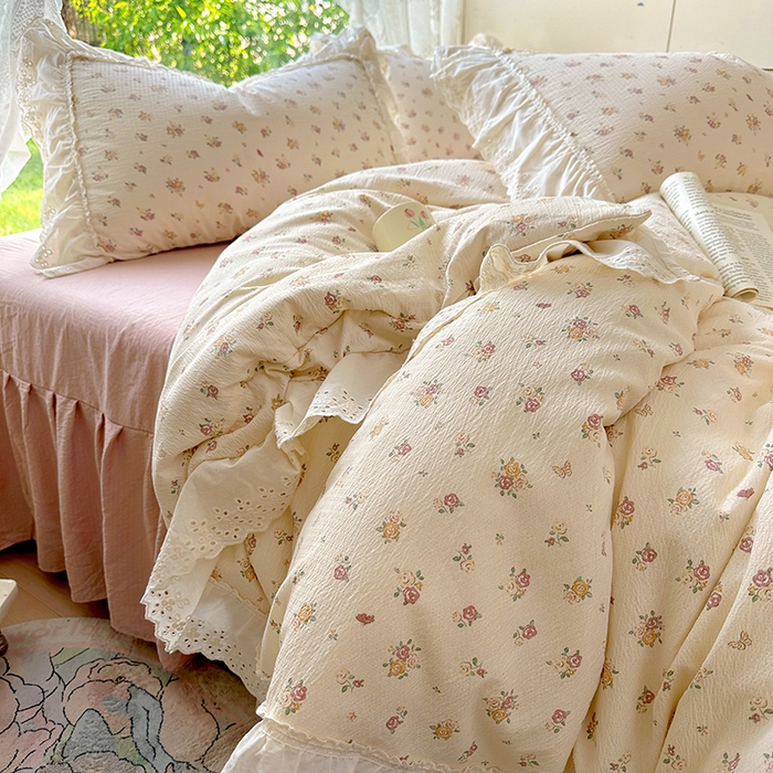91家纺网 家纺一手货源 找家纺 仟网汇 2025新款皱皱纱花边床裙四件套多功能夏被夏凉被空调被四件套四季通用 小春日和