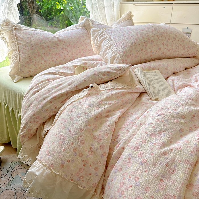 91家纺网 家纺一手货源 找家纺 仟网汇 2025新款皱皱纱花边床裙四件套多功能夏被夏凉被空调被四件套四季通用 桃花灼灼