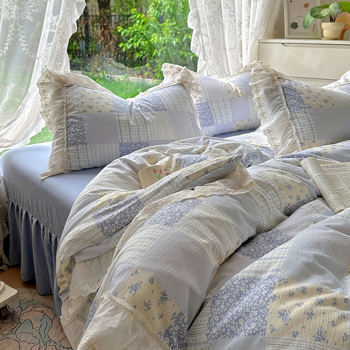 91家纺网 家纺一手货源 找家纺 仟网汇 2025新款皱皱纱花边床裙四件套多功能夏被夏凉被空调被四件套四季通用 奶蓝方块