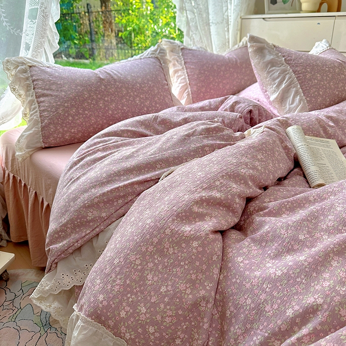 91家纺网 家纺一手货源 找家纺 仟网汇 2025新款皱皱纱花边床裙四件套多功能夏被夏凉被空调被四件套四季通用 樱花洛