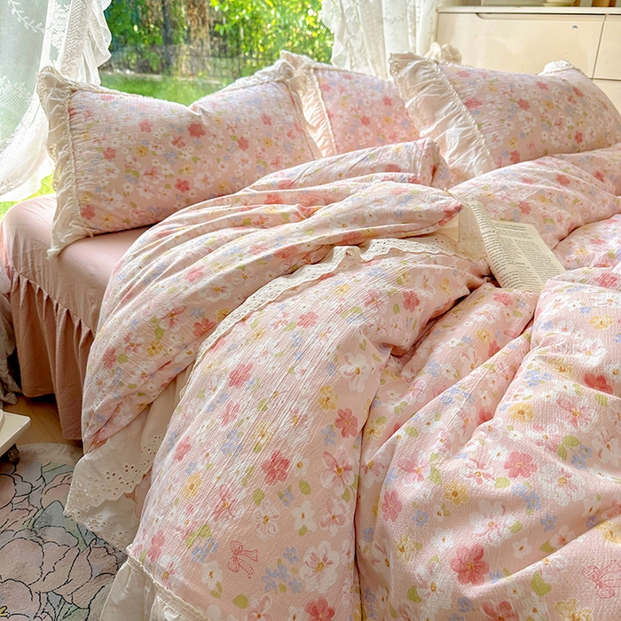 91家纺网 家纺一手货源 找家纺 （总）仟网汇 2025新款皱皱纱花边床裙四件套多功能夏被夏凉被空调被四件套四季通用