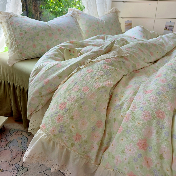 91家纺网 家纺一手货源 找家纺 仟网汇 2025新款皱皱纱花边床裙四件套多功能夏被夏凉被空调被四件套四季通用 半夏