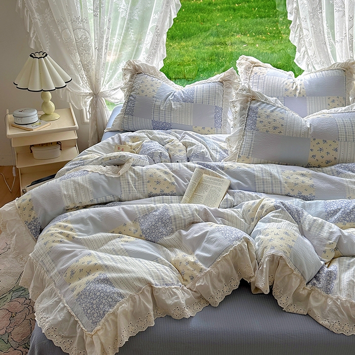 91家纺网 家纺一手货源 找家纺 仟网汇 2025新款皱皱纱花边床裙四件套多功能夏被夏凉被空调被四件套四季通用 奶蓝方块