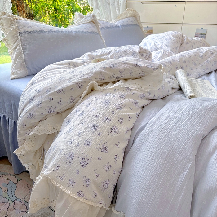 91家纺网 家纺一手货源 找家纺 仟网汇 2025新款皱皱纱花边床裙四件套多功能夏被夏凉被空调被四件套四季通用 幽蓝