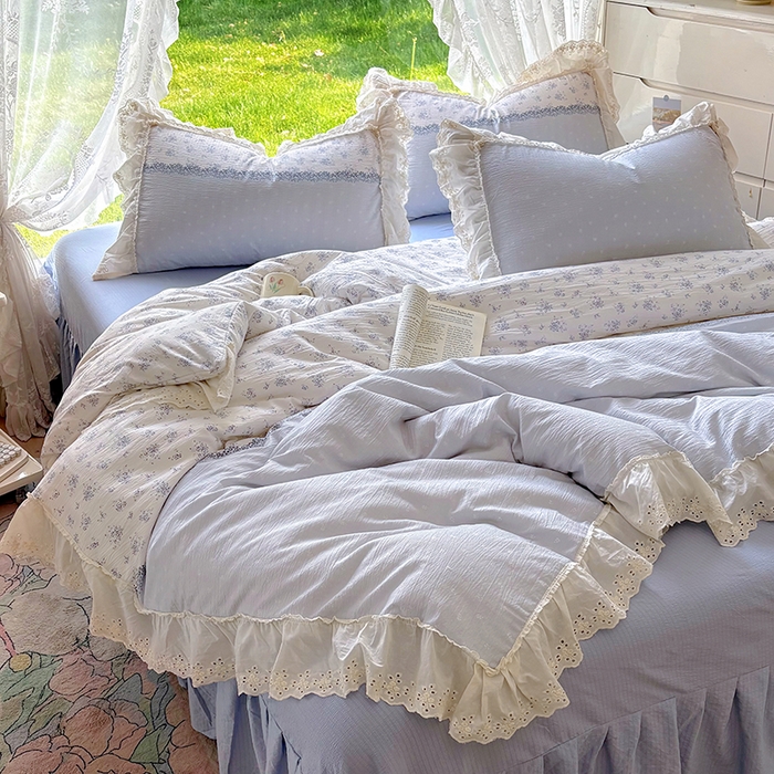 91家纺网 家纺一手货源 找家纺 仟网汇 2025新款皱皱纱花边床裙四件套多功能夏被夏凉被空调被四件套四季通用 幽蓝