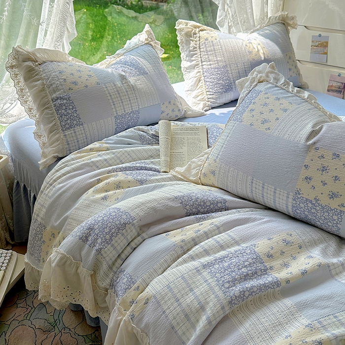 91家纺网 家纺一手货源 找家纺 仟网汇 2025新款皱皱纱花边床裙四件套多功能夏被夏凉被空调被四件套四季通用 奶蓝方块