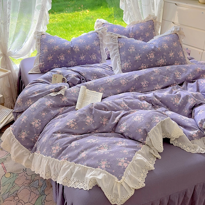 91家纺网 家纺一手货源 找家纺 仟网汇 2025新款皱皱纱花边床裙四件套多功能夏被夏凉被空调被四件套四季通用 丁香紫
