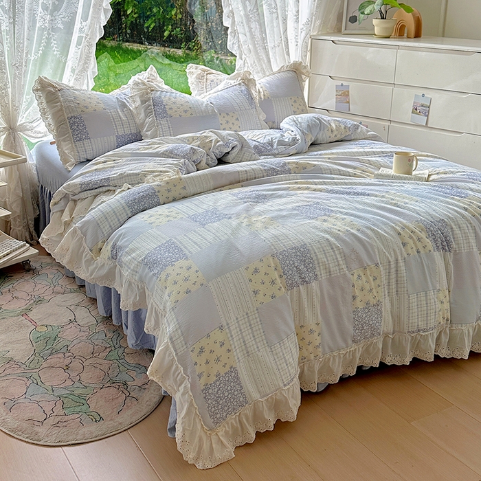 91家纺网 家纺一手货源 找家纺 仟网汇 2025新款皱皱纱花边床裙四件套多功能夏被夏凉被空调被四件套四季通用 奶蓝方块