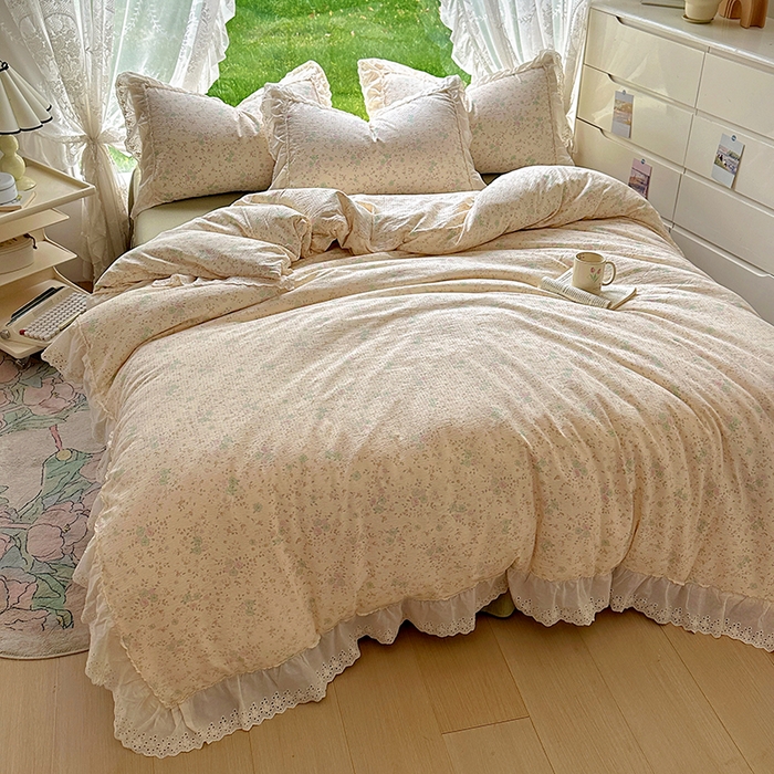 91家纺网 家纺一手货源 找家纺 仟网汇 2025新款皱皱纱花边床裙四件套多功能夏被夏凉被空调被四件套四季通用 苏打薄荷