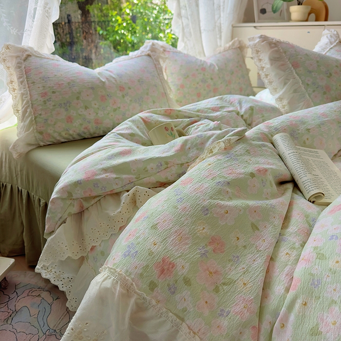 91家纺网 家纺一手货源 找家纺 仟网汇 2025新款皱皱纱花边床裙四件套多功能夏被夏凉被空调被四件套四季通用 半夏