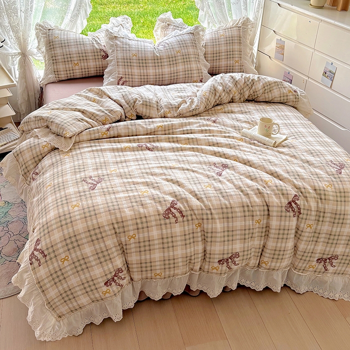 91家纺网 家纺一手货源 找家纺 仟网汇 2025新款皱皱纱花边床裙四件套多功能夏被夏凉被空调被四件套四季通用 可可甜心