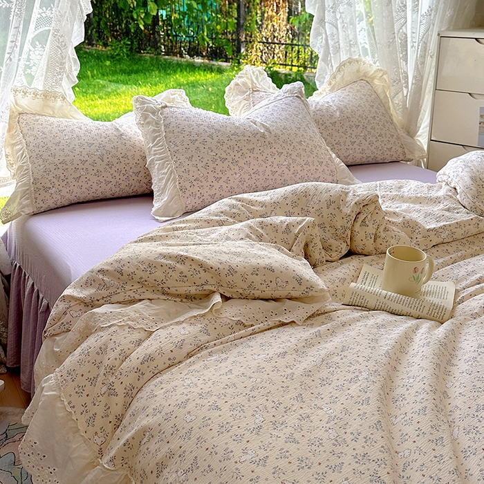 91家纺网 家纺一手货源 找家纺 仟网汇 2025新款皱皱纱花边床裙四件套多功能夏被夏凉被空调被四件套四季通用 花丛兔