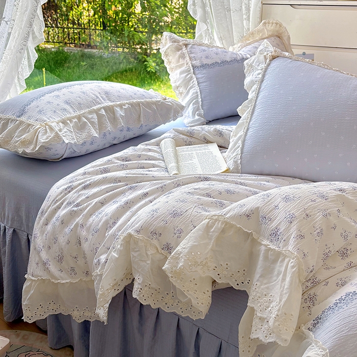91家纺网 家纺一手货源 找家纺 仟网汇 2025新款皱皱纱花边床裙四件套多功能夏被夏凉被空调被四件套四季通用 幽蓝
