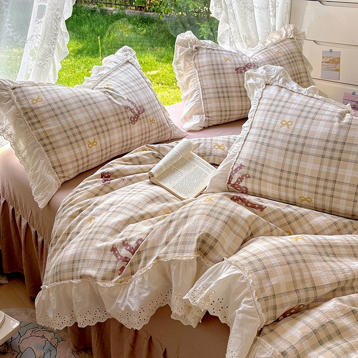 91家纺网 家纺一手货源 找家纺 仟网汇 2025新款皱皱纱花边床裙四件套多功能夏被夏凉被空调被四件套四季通用 可可甜心