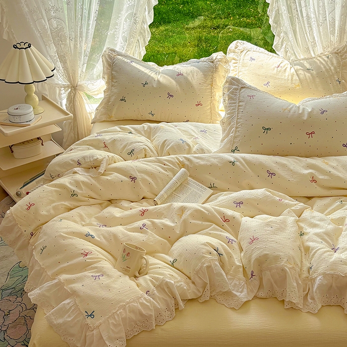 91家纺网 家纺一手货源 找家纺 仟网汇 2025新款皱皱纱花边床裙四件套多功能夏被夏凉被空调被四件套四季通用 芝士泡芙