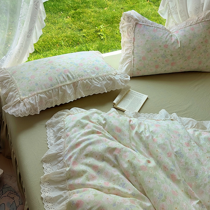 91家纺网 家纺一手货源 找家纺 仟网汇 2025新款皱皱纱花边床裙四件套多功能夏被夏凉被空调被四件套四季通用 半夏