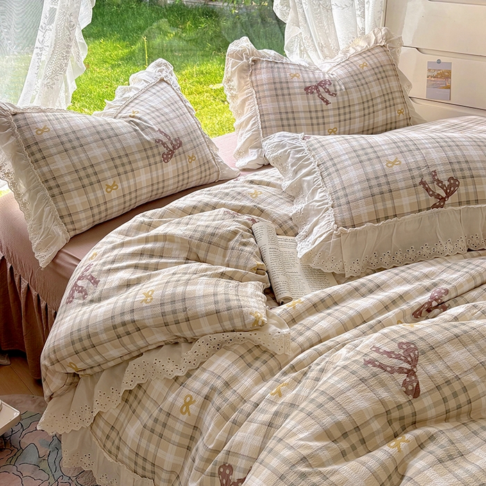 91家纺网 家纺一手货源 找家纺 仟网汇 2025新款皱皱纱花边床裙四件套多功能夏被夏凉被空调被四件套四季通用 可可甜心