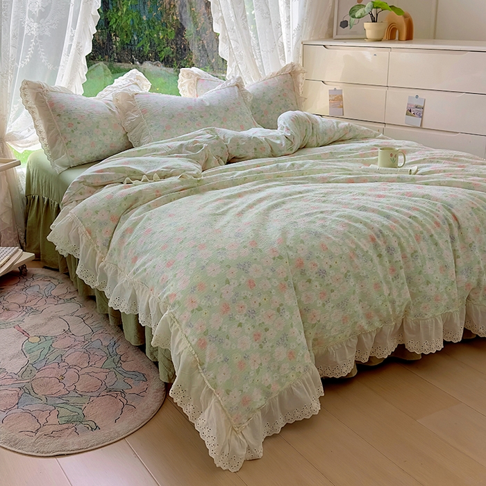 91家纺网 家纺一手货源 找家纺 仟网汇 2025新款皱皱纱花边床裙四件套多功能夏被夏凉被空调被四件套四季通用 半夏