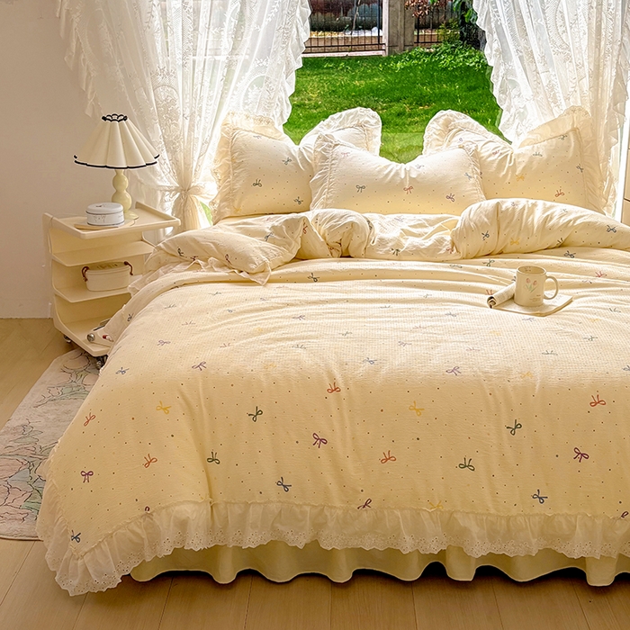 91家纺网 家纺一手货源 找家纺 仟网汇 2025新款皱皱纱花边床裙四件套多功能夏被夏凉被空调被四件套四季通用 芝士泡芙