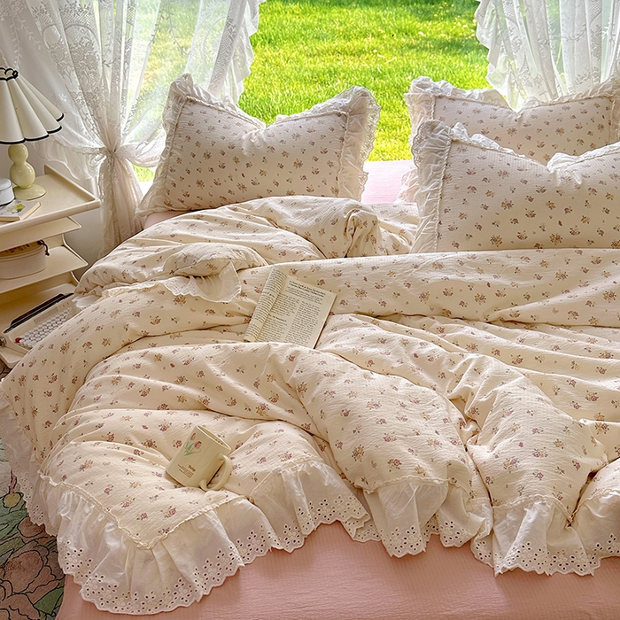 91家纺网 家纺一手货源 找家纺 仟网汇 2025新款皱皱纱花边床裙四件套多功能夏被夏凉被空调被四件套四季通用 小春日和