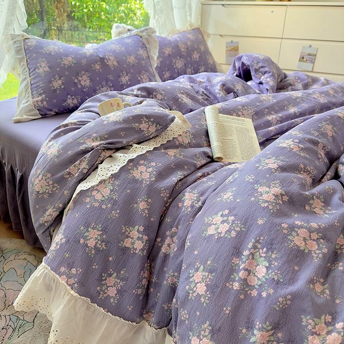 91家纺网 家纺一手货源 找家纺 仟网汇 2025新款皱皱纱花边床裙四件套多功能夏被夏凉被空调被四件套四季通用 丁香紫