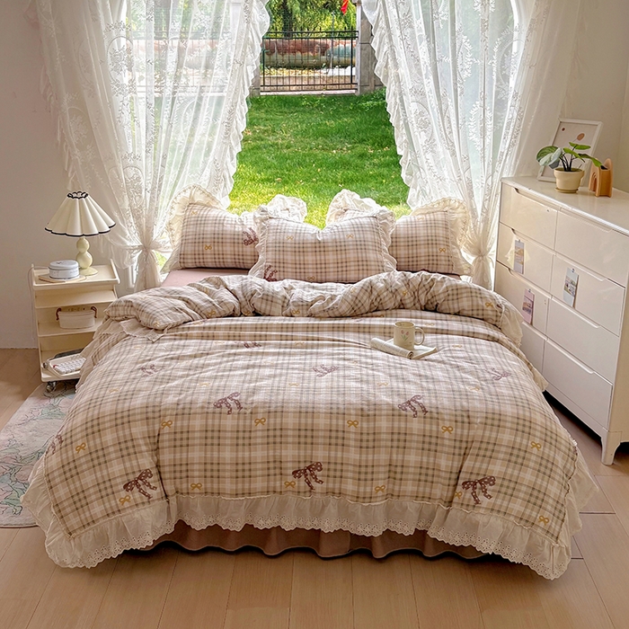 91家纺网 家纺一手货源 找家纺 仟网汇 2025新款皱皱纱花边床裙四件套多功能夏被夏凉被空调被四件套四季通用 可可甜心