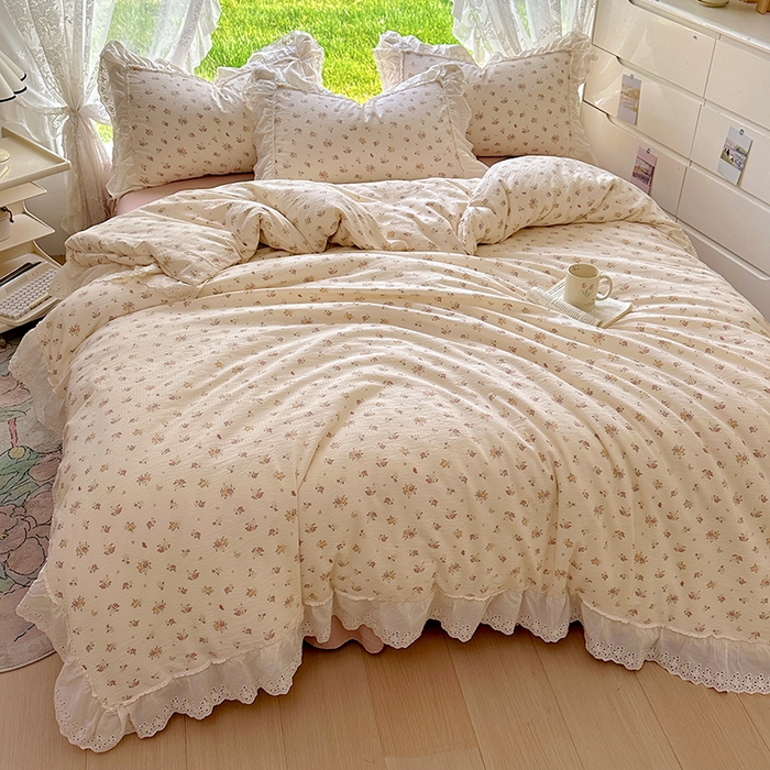 91家纺网 家纺一手货源 找家纺 仟网汇 2025新款皱皱纱花边床裙四件套多功能夏被夏凉被空调被四件套四季通用 小春日和