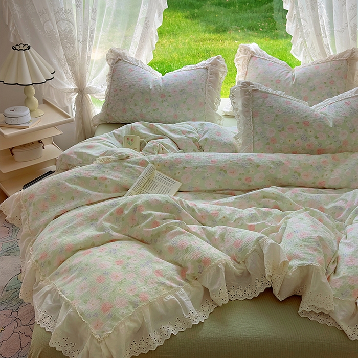 91家纺网 家纺一手货源 找家纺 仟网汇 2025新款皱皱纱花边床裙四件套多功能夏被夏凉被空调被四件套四季通用 半夏