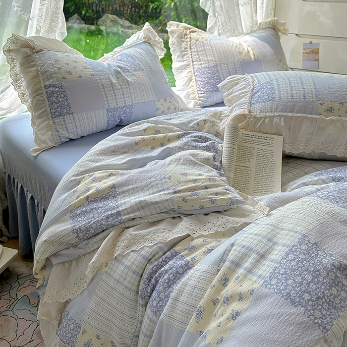 91家纺网 家纺一手货源 找家纺 仟网汇 2025新款皱皱纱花边床裙四件套多功能夏被夏凉被空调被四件套四季通用 奶蓝方块