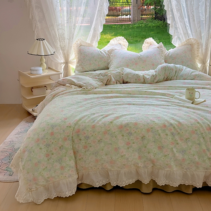 91家纺网 家纺一手货源 找家纺 仟网汇 2025新款皱皱纱花边床裙四件套多功能夏被夏凉被空调被四件套四季通用 半夏