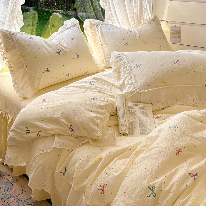 91家纺网 家纺一手货源 找家纺 仟网汇 2025新款皱皱纱花边床裙四件套多功能夏被夏凉被空调被四件套四季通用 芝士泡芙