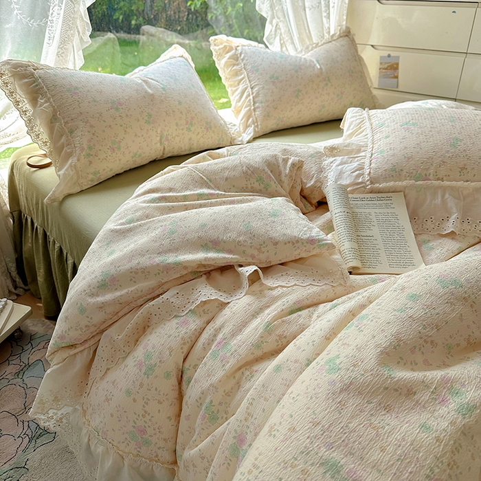 91家纺网 家纺一手货源 找家纺 仟网汇 2025新款皱皱纱花边床裙四件套多功能夏被夏凉被空调被四件套四季通用 苏打薄荷