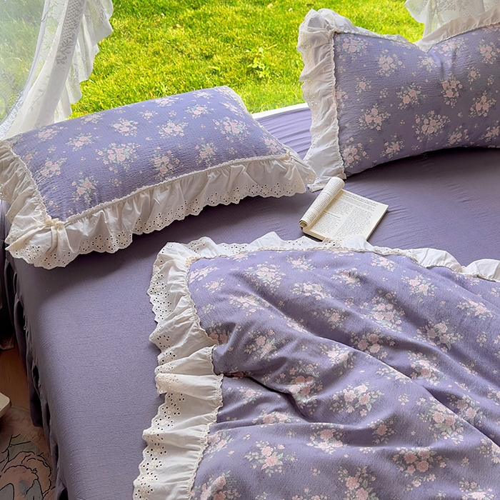 91家纺网 家纺一手货源 找家纺 仟网汇 2025新款皱皱纱花边床裙四件套多功能夏被夏凉被空调被四件套四季通用 丁香紫