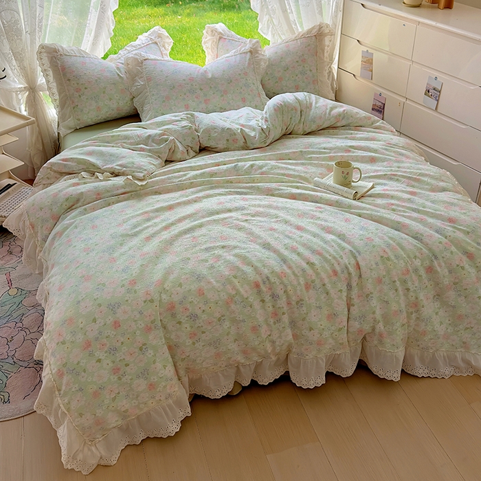 91家纺网 家纺一手货源 找家纺 仟网汇 2025新款皱皱纱花边床裙四件套多功能夏被夏凉被空调被四件套四季通用 半夏