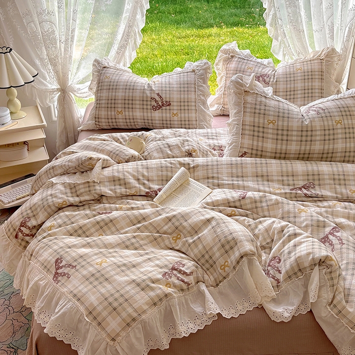 91家纺网 家纺一手货源 找家纺 仟网汇 2025新款皱皱纱花边床裙四件套多功能夏被夏凉被空调被四件套四季通用 可可甜心