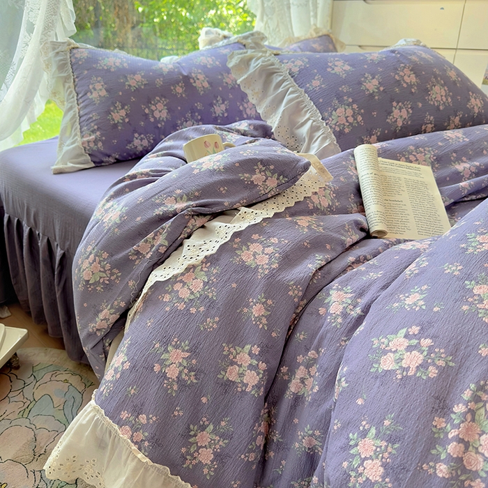 91家纺网 家纺一手货源 找家纺 仟网汇 2025新款皱皱纱花边床裙四件套多功能夏被夏凉被空调被四件套四季通用 丁香紫