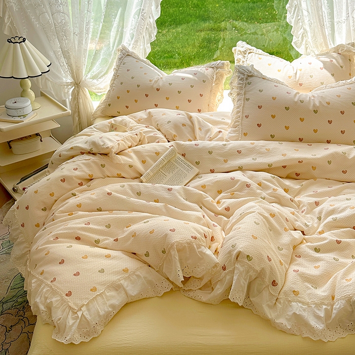 91家纺网 家纺一手货源 找家纺 仟网汇 2025新款皱皱纱花边床裙四件套多功能夏被夏凉被空调被四件套四季通用 心心相印