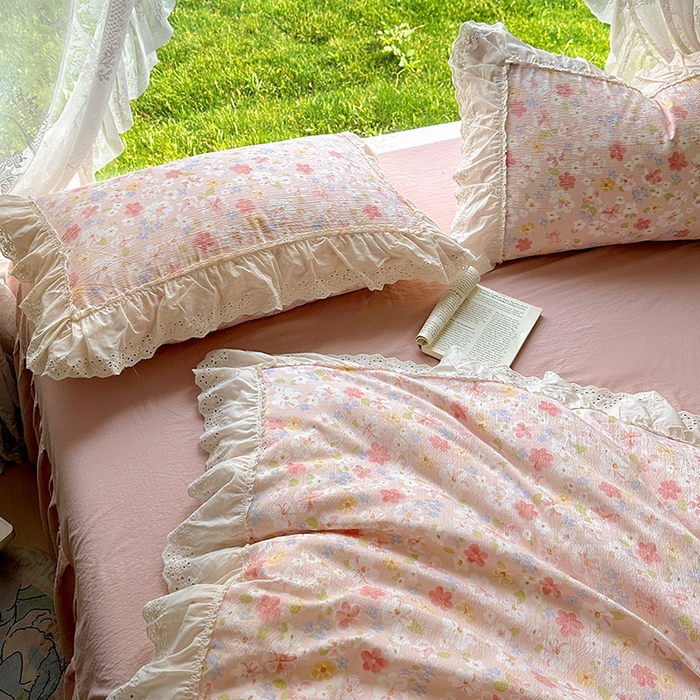 91家纺网 家纺一手货源 找家纺 仟网汇 2025新款皱皱纱花边床裙四件套多功能夏被夏凉被空调被四件套四季通用 蔷薇恋人
