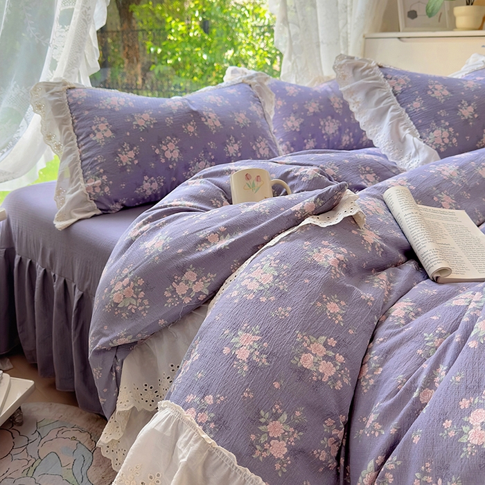 仟网汇 2025新款皱皱纱花边床裙四件套多功能夏被夏凉被空调被四件套四季通用 丁香紫