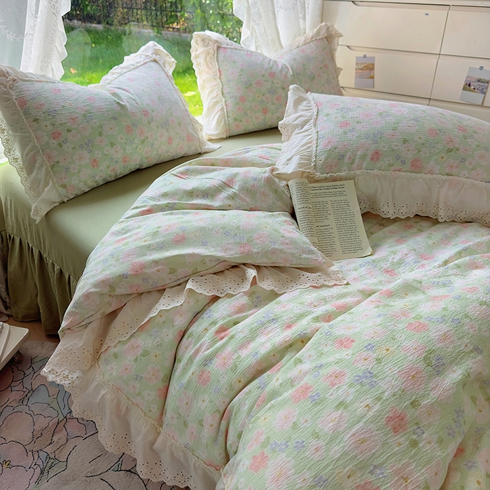 91家纺网 家纺一手货源 找家纺 仟网汇 2025新款皱皱纱花边床裙四件套多功能夏被夏凉被空调被四件套四季通用 半夏