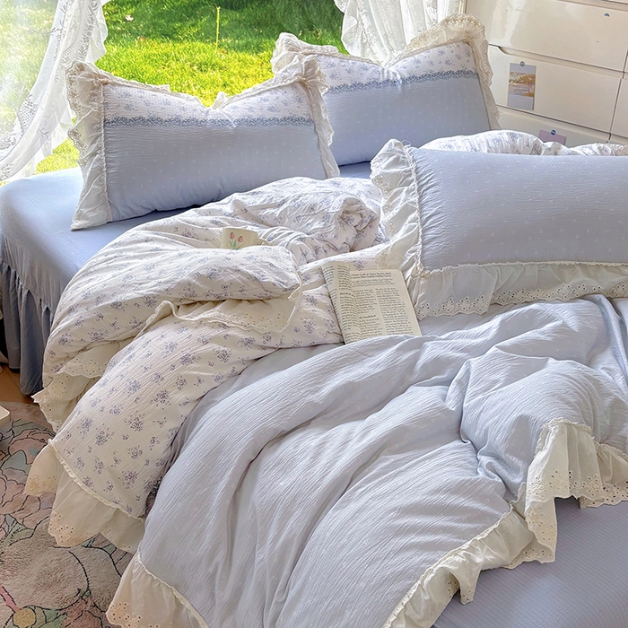 91家纺网 家纺一手货源 找家纺 仟网汇 2025新款皱皱纱花边床裙四件套多功能夏被夏凉被空调被四件套四季通用 幽蓝