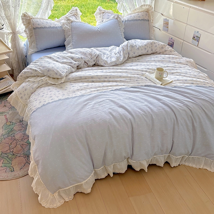 91家纺网 家纺一手货源 找家纺 仟网汇 2025新款皱皱纱花边床裙四件套多功能夏被夏凉被空调被四件套四季通用 幽蓝