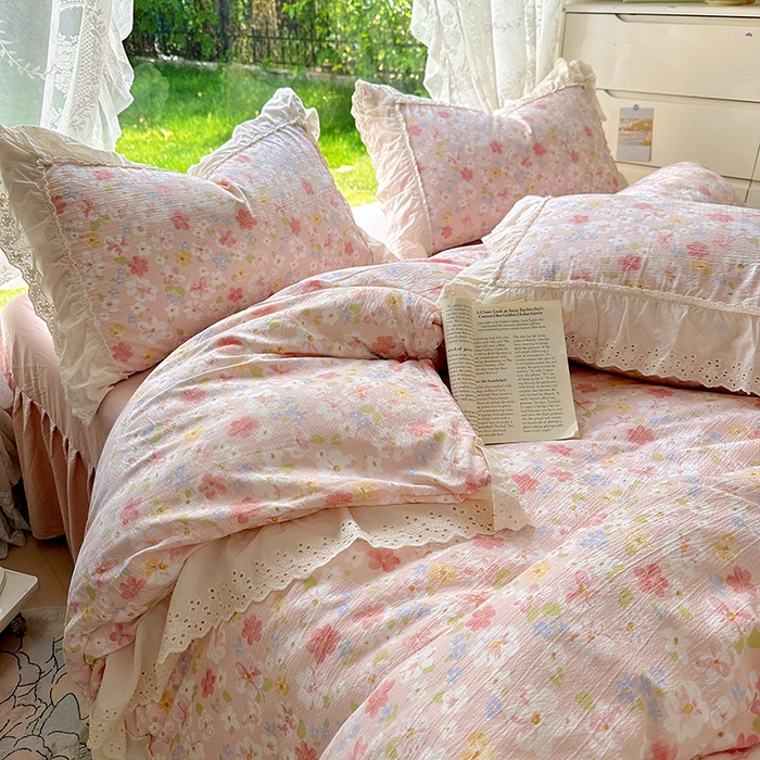 91家纺网 家纺一手货源 找家纺 仟网汇 2025新款皱皱纱花边床裙四件套多功能夏被夏凉被空调被四件套四季通用 蔷薇恋人