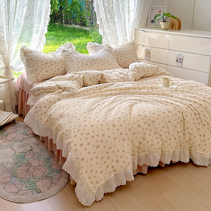 91家纺网 家纺一手货源 找家纺 仟网汇 2025新款皱皱纱花边床裙四件套多功能夏被夏凉被空调被四件套四季通用 小春日和