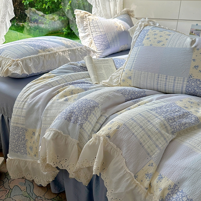 91家纺网 家纺一手货源 找家纺 仟网汇 2025新款皱皱纱花边床裙四件套多功能夏被夏凉被空调被四件套四季通用 奶蓝方块