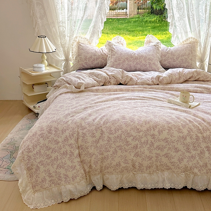 91家纺网 家纺一手货源 找家纺 仟网汇 2025新款皱皱纱花边床裙四件套多功能夏被夏凉被空调被四件套四季通用 风信紫