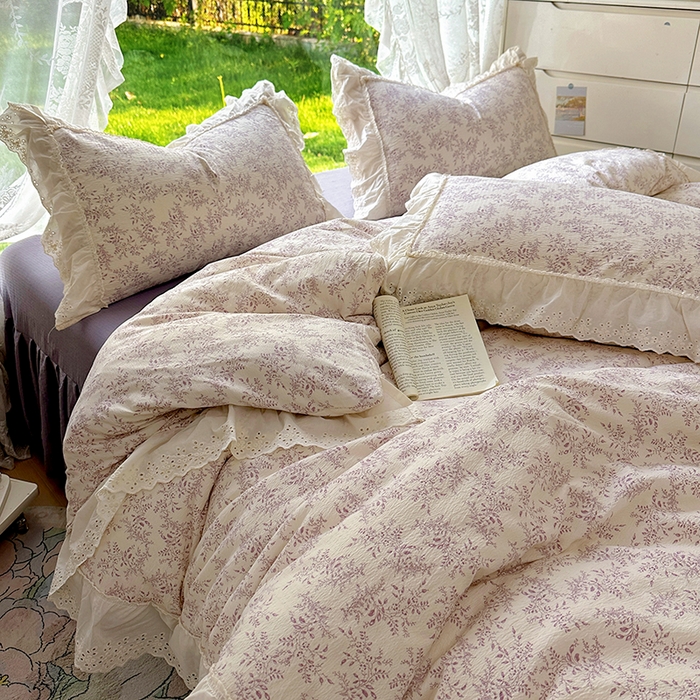 91家纺网 家纺一手货源 找家纺 仟网汇 2025新款皱皱纱花边床裙四件套多功能夏被夏凉被空调被四件套四季通用 风信紫