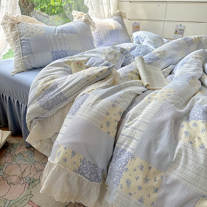 91家纺网 家纺一手货源 找家纺 仟网汇 2025新款皱皱纱花边床裙四件套多功能夏被夏凉被空调被四件套四季通用 奶蓝方块