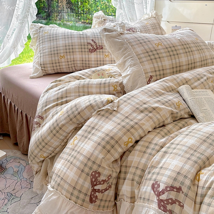 仟网汇 2025新款皱皱纱花边床裙四件套多功能夏被夏凉被空调被四件套四季通用 可可甜心